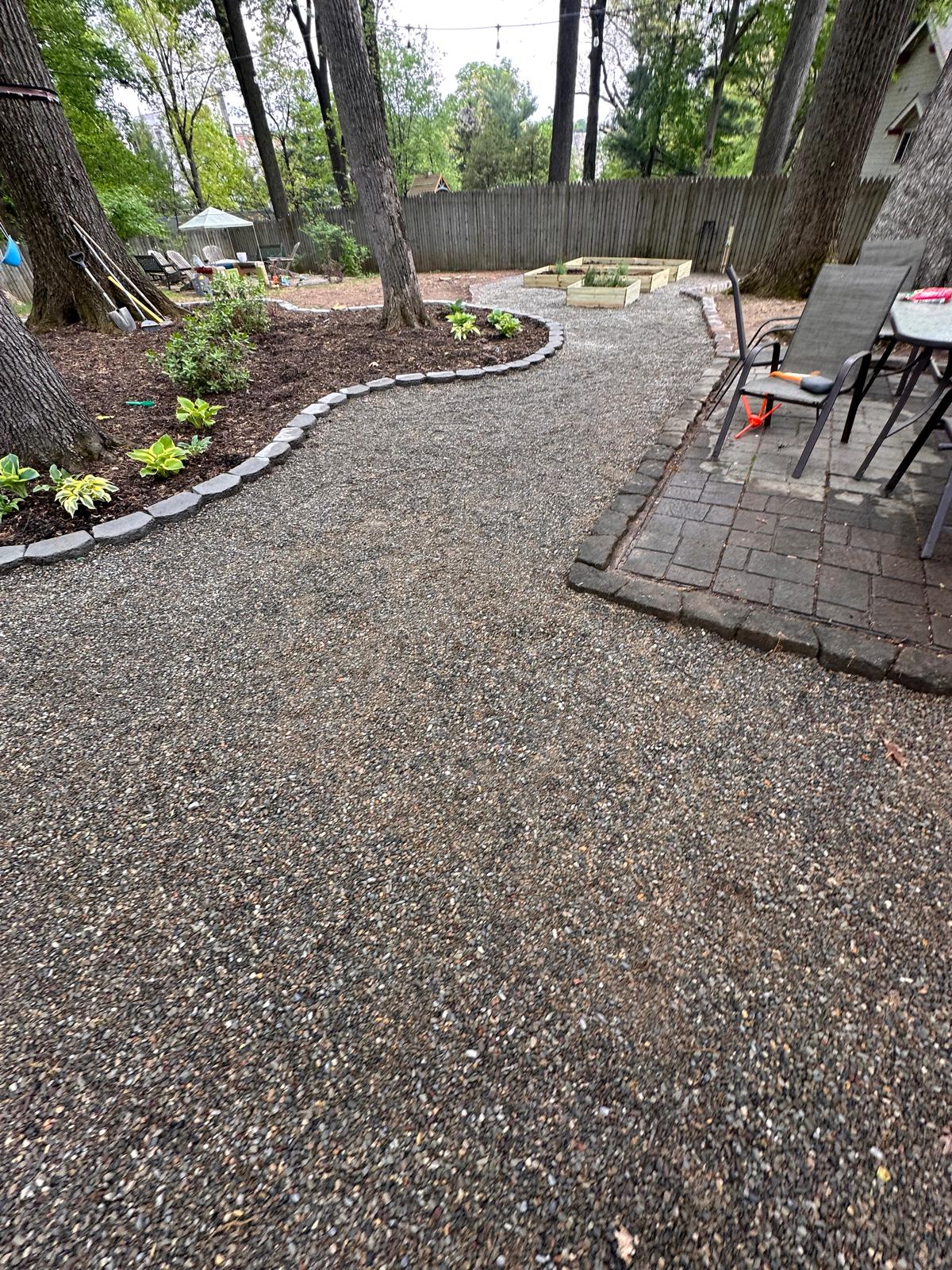 Finished woodland garden with gravel paths and edged planting beds